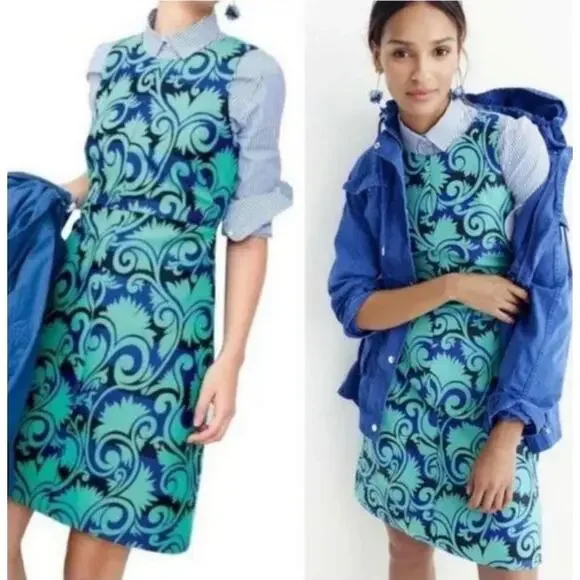 J Crew A-Line Vineyard‎ Jacquard Green/Blue Sheath Dress size 8 - Picture 3 of 11
